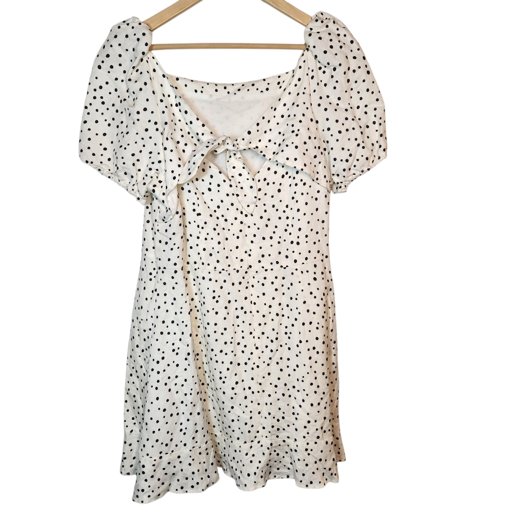 LOFT White Black Polka Dot Linen Puff Sleeve Cut-Out Tie Back Flare‎ Dress 14 - Picture 8 of 16
